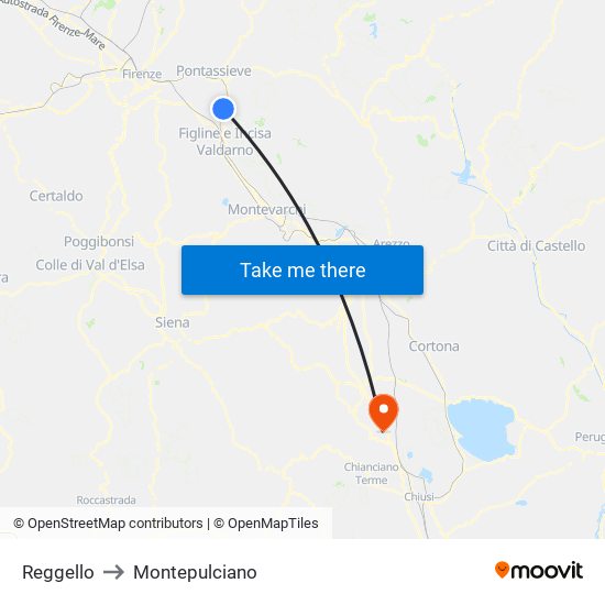 Reggello to Montepulciano map