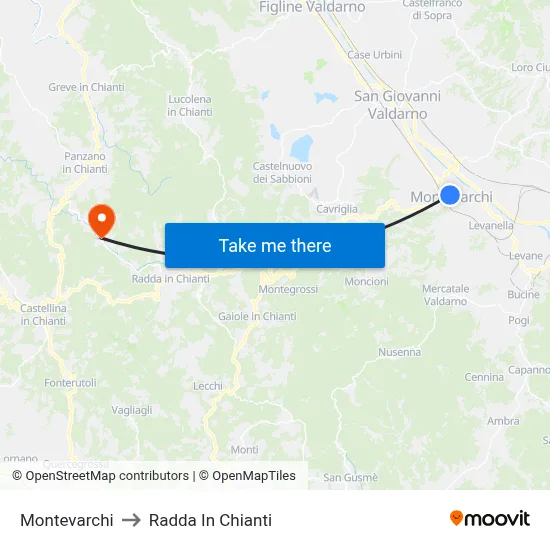 Montevarchi to Radda In Chianti map