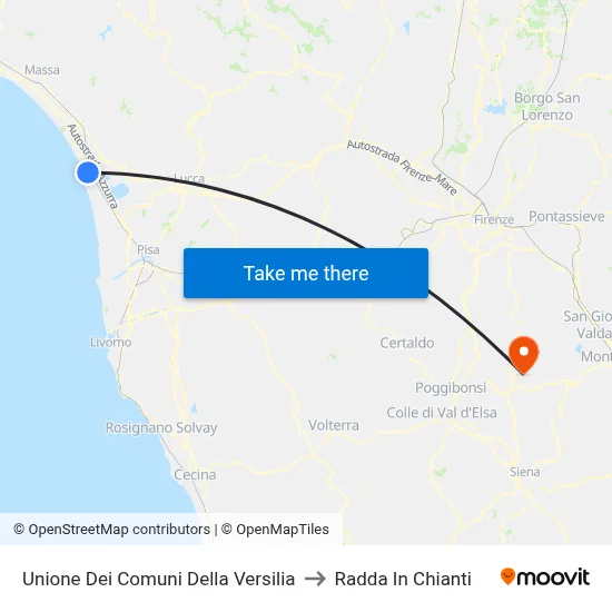 Union of Municipalities of Versilia to Radda In Chianti map