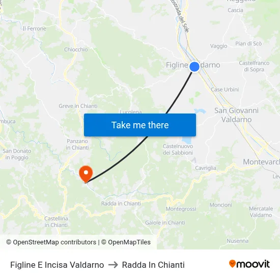 Figline and Incisa Valdarno to Radda In Chianti map