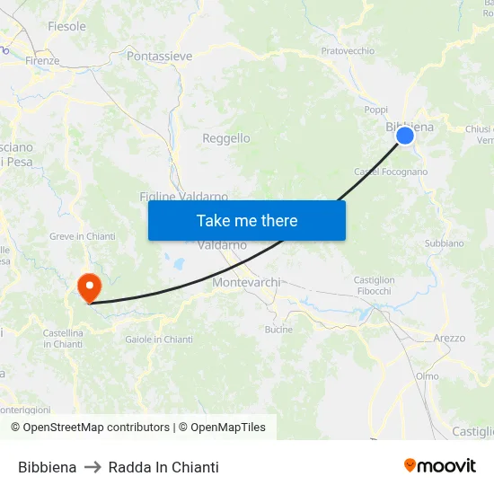 Bibbiena to Radda In Chianti map