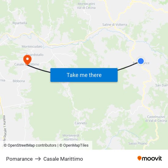 Pomarance to Casale Marittimo map