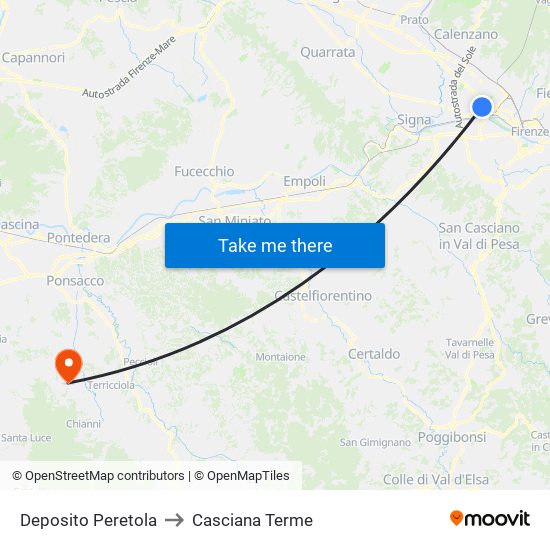 Deposito Peretola to Casciana Terme map