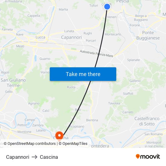 Capannori to Cascina map