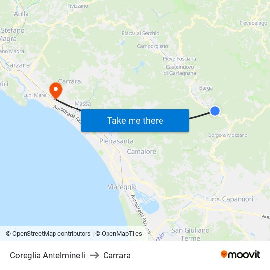 Coreglia Antelminelli to Carrara map