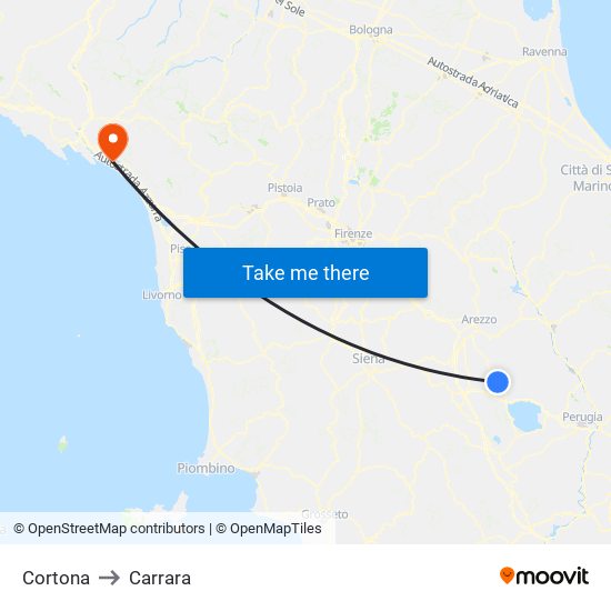 Cortona to Carrara map