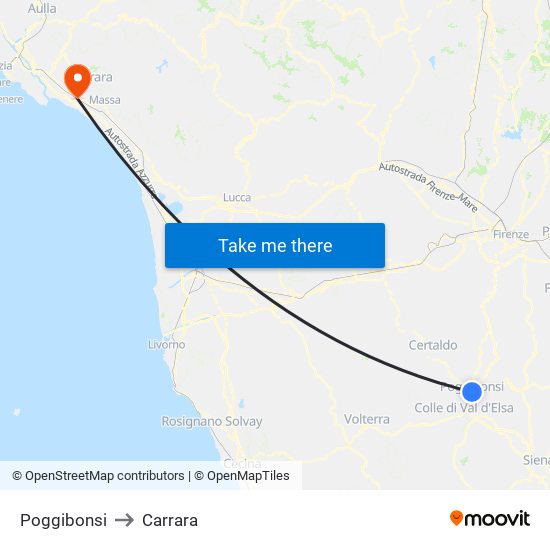 Poggibonsi to Carrara map