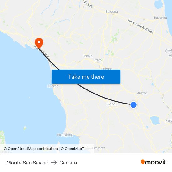 Monte San Savino to Carrara map