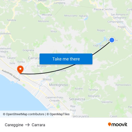 Careggine to Carrara map