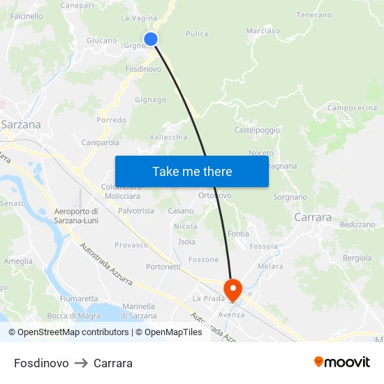 Fosdinovo to Carrara map