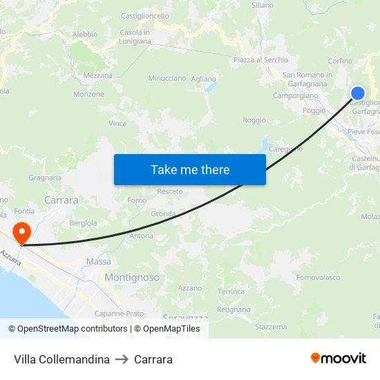 Villa Collemandina to Carrara map