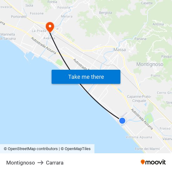 Montignoso to Carrara map