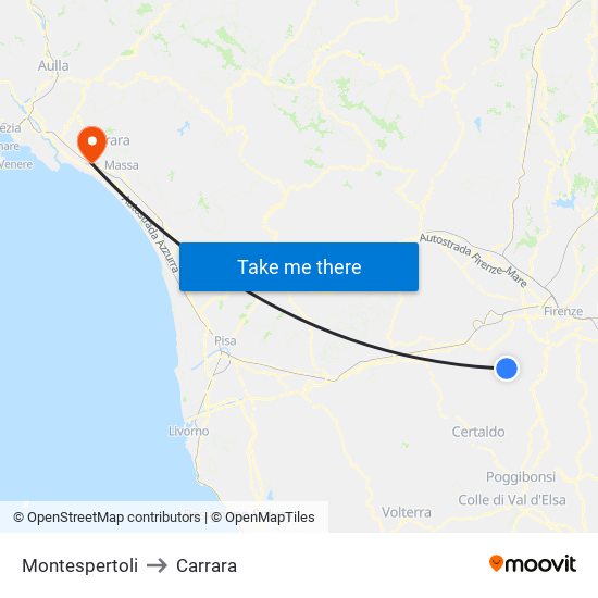 Montespertoli to Carrara map