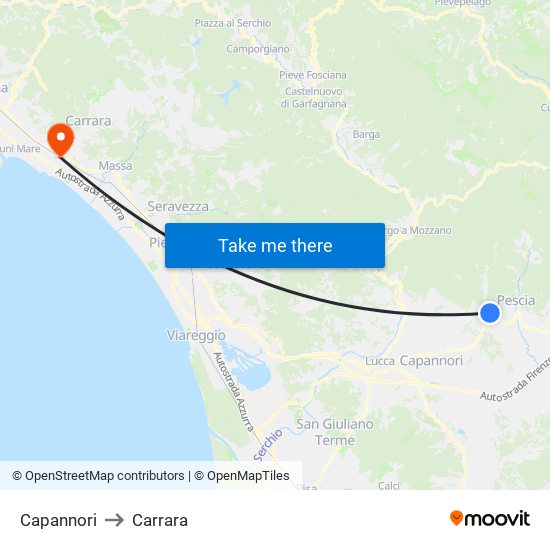 Capannori to Carrara map