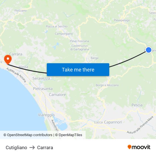Cutigliano to Carrara map