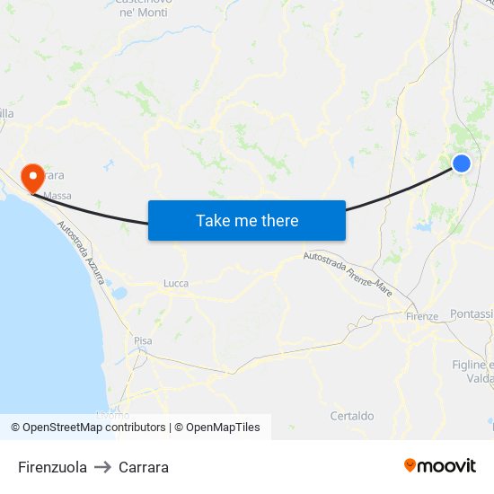 Firenzuola to Carrara map