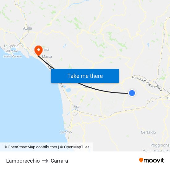 Lamporecchio to Carrara map