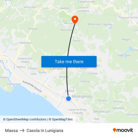 Massa to Casola In Lunigiana map