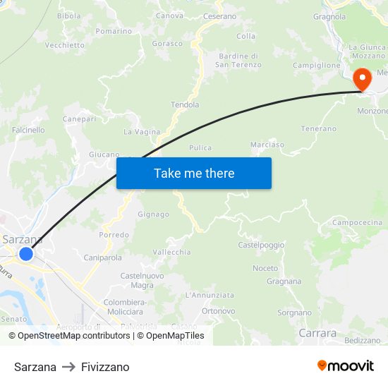 Sarzana to Fivizzano map