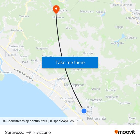 Seravezza to Fivizzano map