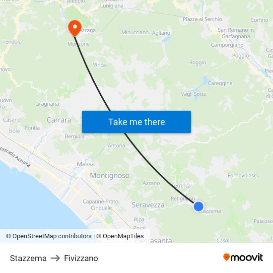 Stazzema to Fivizzano map