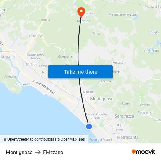 Montignoso to Fivizzano map