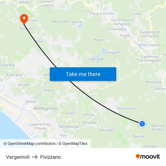 Vergemoli to Fivizzano map