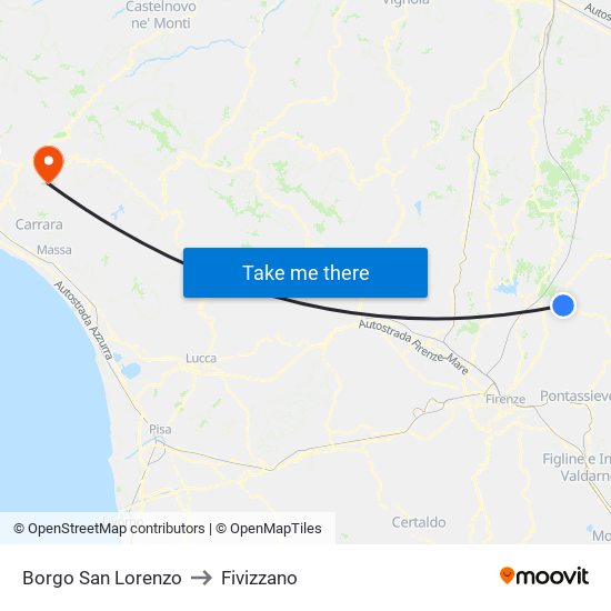 Borgo San Lorenzo to Fivizzano map