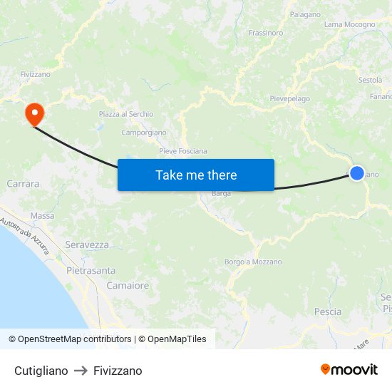 Cutigliano to Fivizzano map