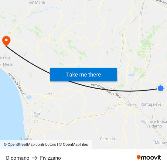Dicomano to Fivizzano map