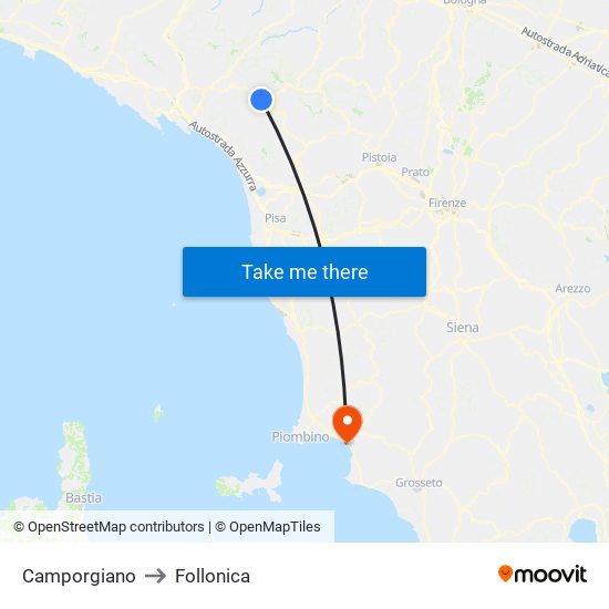 Camporgiano to Follonica map