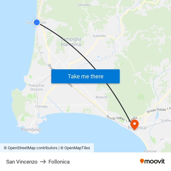 San Vincenzo to Follonica map