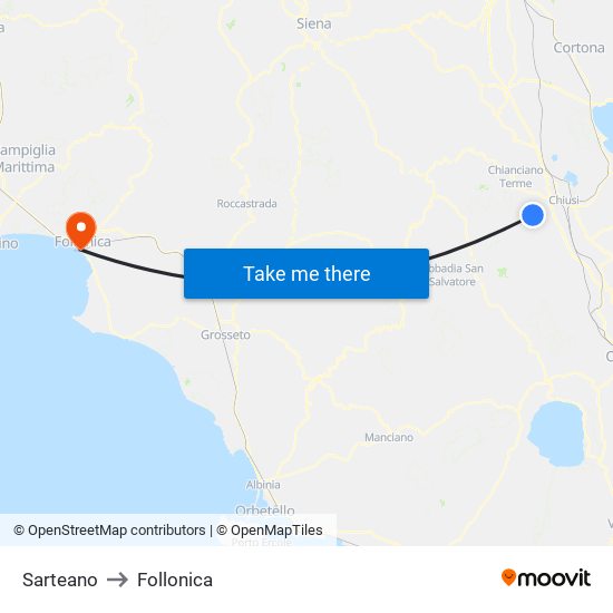 Sarteano to Follonica map