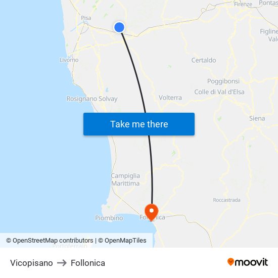 Vicopisano to Follonica map