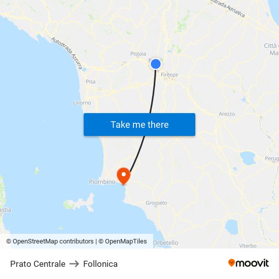 Prato Centrale to Follonica map