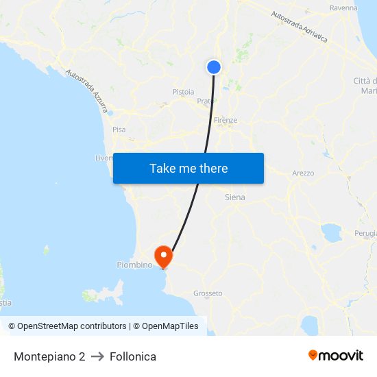 Montepiano 2 to Follonica map