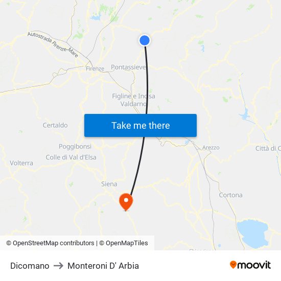 Dicomano to Monteroni D' Arbia map