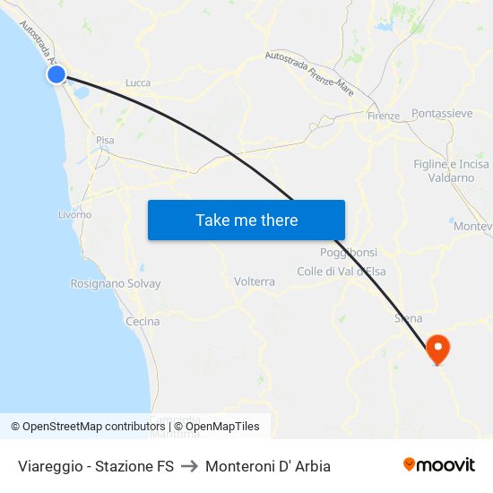 Viareggio Stazione FS to Monteroni D' Arbia map