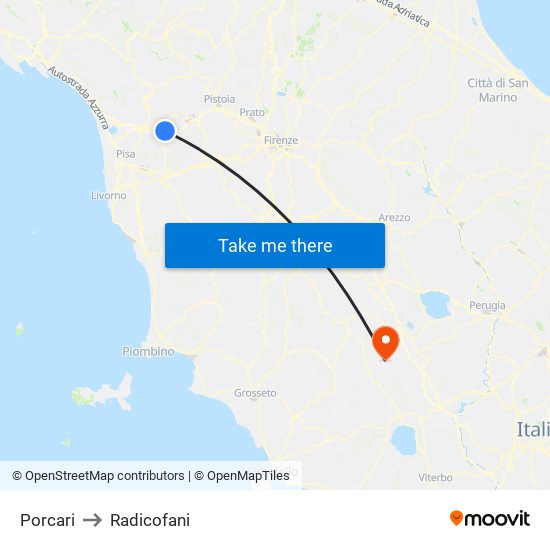 Porcari to Radicofani map