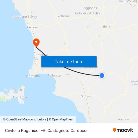 Civitella Paganico to Castagneto Carducci map