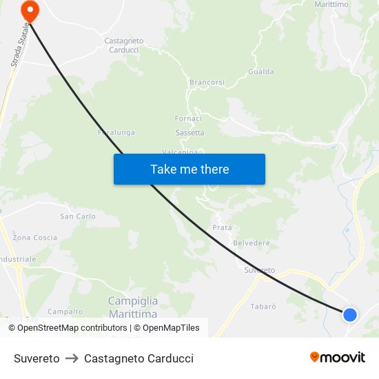 Suvereto to Castagneto Carducci map