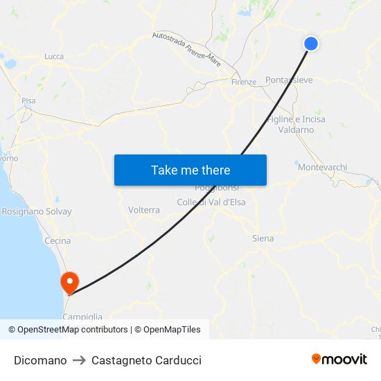 Dicomano to Castagneto Carducci map