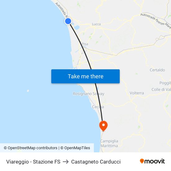 Viareggio Stazione FS to Castagneto Carducci map