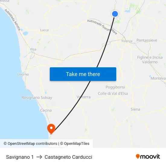 Savignano 1 to Castagneto Carducci map