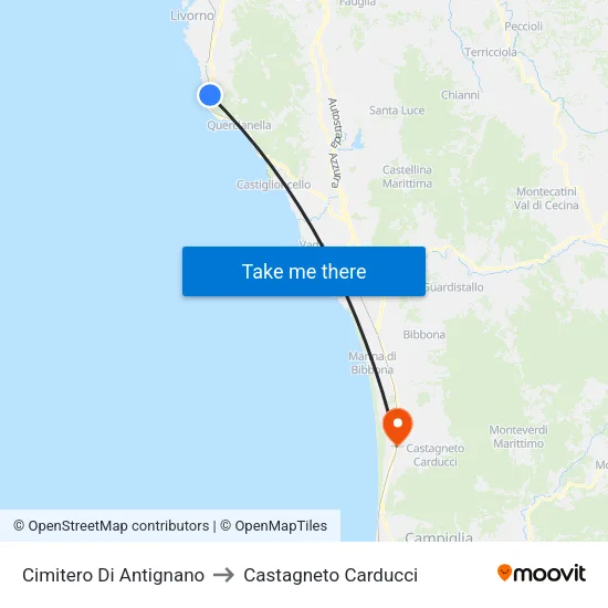 Antignano Cemetery to Castagneto Carducci map
