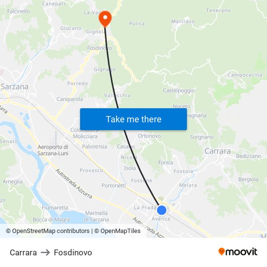 Carrara to Fosdinovo map