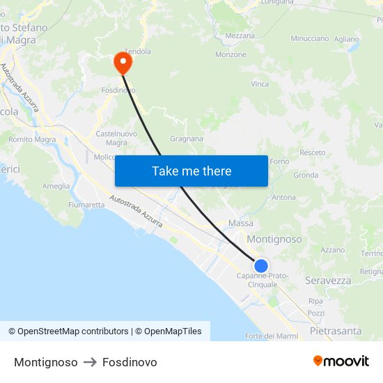 Montignoso to Fosdinovo map