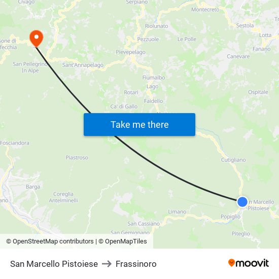 San Marcello Pistoiese to Frassinoro map