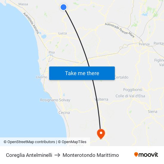 Coreglia Antelminelli to Monterotondo Marittimo map