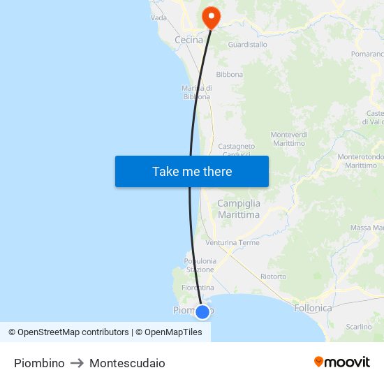 Piombino to Montescudaio map